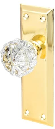 newliplace 2 Pack Vintage Single Sided Crystal Dummy Door Knobs Interior, Long Plate Antique Glass Dummy Door Knobs in Polished Gold/Brass Finish | 2 Pack, Crystal Dummy Door Handles Replacement Old Style Door, Antique Door, Long Escutcheon Plate