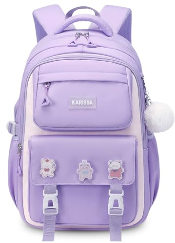 Tanou Schulrucksack Mädchen Rucksack Schule Teenager, 22 Liter Atmungsaktiv Schultasche für Mädchen der 3. bis 7. Klasse, Wasserabweisender Nylon Schulranzen Kinder, 30 * 18 * 43 cm, Lila