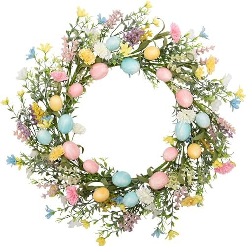 URMAGIC Couronne d'Œufs de Pâques Colorée pour Décoration de Porte d'Entrée, Guirlande de Printemps, Fleurs Artificielles à Suspendre