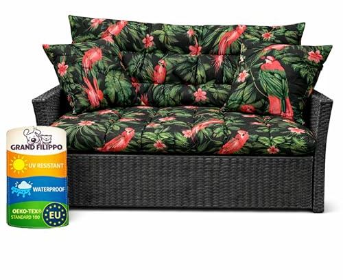 Filippo Sitzauflagen Gartenmöbel 150 x 50 x 60 cm Papageien - Kissen Hollywoodschaukel Beständig Gegen Schimmel – Handgefertigt Polster für Hollywoodschaukel mit Befestigungsschnüre