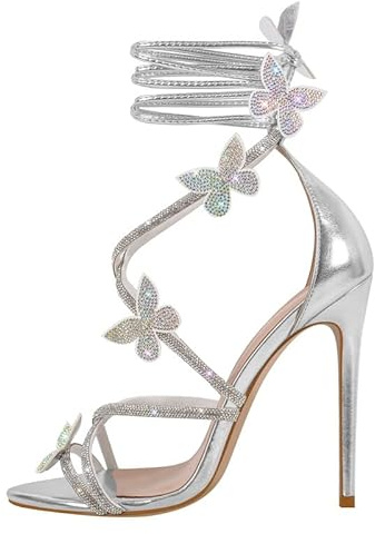 blingqueen Glitzer Sandaletten Stiletto Römersandalen mit Strass Schmetterling Elegante Damen Sommer High Heels Silber 38 EU
