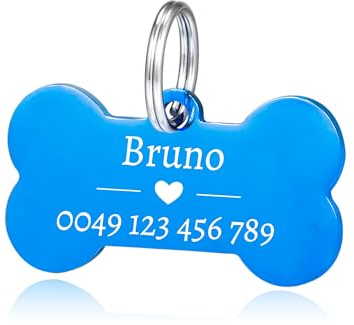 Knochen Hundemarke mit Gravur - Edelstahl Hundemarke mit Name, Telefonnummer - Hundemarke personalisiert mit Symbolen Dog Tag Blau Namensschild für Halsband und 2 Schlüsselringe