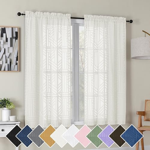 Simplebrand Ivory Semi Sheer Curtains 45 Inch Length 2 Panels, Geometric Jacquard Clip Textured Short Sheer Curtains for Bedroom，Modern Elegant Window Curtains Drapes/Treatment Sheer，42x45 inch