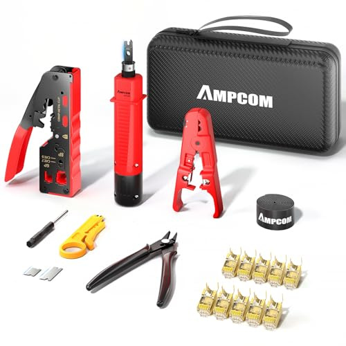 AMPCOM Kit d'outils de sertissage Ethernet 8-en-1 pour connecteurs Pass Through RJ45/RJ11, STP Cat7/6A, UTP Cat6/5E/5 RJ45, comprend un outil de poinçonnage 110 et une pince à dénuder dans un sac