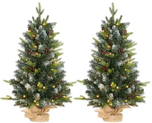 HOMCOM 2 Pieces 3ft Prelit Artificial Christmas Tree with LED Light and 291 Tips, Concrete Base, Tabletop Xmas Tree with Pine Cones and Red Berries, Green