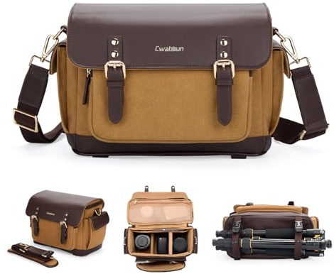 Cwatcun Camera Shoulder Bag, Vintage Leather Flap Camera Crossbody Messenger Bag, DSLR/SLR/Mirrorless Photography Bag with Tripod Holder, Camera Case Compatible with Canon/Nikon/Sony Camera and Lens