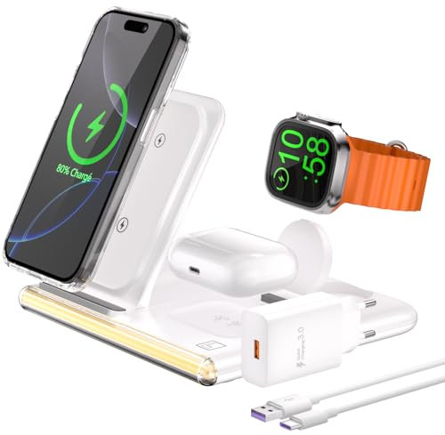 Stazione di ricarica 3 in 1 per iPhone 16 15 14 13 12 e A pple Watch 10 Ultra 9 SE 8 7 6 5 4 serie e A irPods 4 3 2 Pro 2, caricabatterie wireless a induzione con luce notturna e design pieghevole