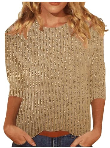 Pailletten Oberteil Shirt Damen 3/4 Ärmel Tunika Tops Rundhals Lässig T-Shirt Elegant Glitzer Bluse Shirt Festlich Party Sommershirt Baumwolle Bequem Longshirt Leicht Vintage Langarmshirt