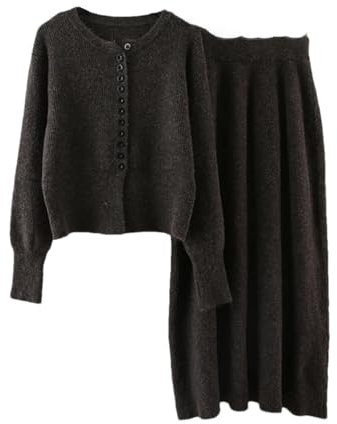 Elegantes 2-teiliges Damen-Pullover-Set, einreihige Strickjacke, A-Linie, Röcke, Strickset, coffee, Einheitsgröße