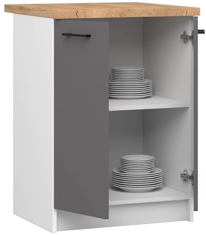 BDW - Küchenschrank Weiß/Grau - Schrank Küche mit Türen und Arbeitsplatte - Schrank 60 cm breit, 85 cm hoch - Küchenschränke Einzeln, Küchenmöbel Einzelteile