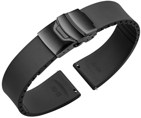 Uhrenarmband Fluorkautschuk mit Faltschließe Cut-to-Size FKM Kautschuk Gummi Armband Schnellverschluss Weiche Langlebig Universal Ersatzarmband Watch Band 18mm 19mm 20mm 21mm 22mm (20mm, Schwarz)