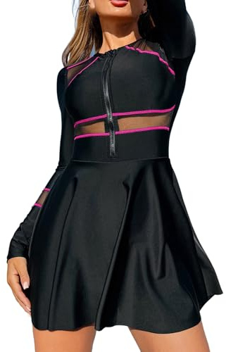 Damen Surfanzug Badeanzug mit Rock Langarm Reißverschluss Mesh Cut Elegant Funktional Einteiler Rashguard UPF 50+ Body Shaping Bademode Surfen Schwimmanzug Badebekleidung