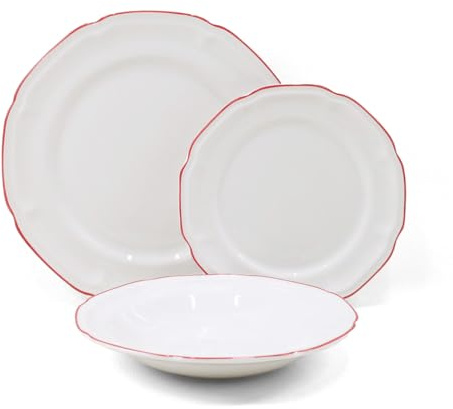 Brigros - Servizio Piatti 18 Pezzi in Ceramica Bianca con Bordo Dipinto a Mano, Set Piatti 6 Persone in Porcellana Elegante e Moderna, Modello Grace (Rosso)
