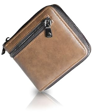 QIXCOZTI Portafoglio pieghevole, ultra sottile e compatto, grande capacità, tasca portamonete con cerniera, design semplice, per gli uomini, Marrone, Cerniera lampo
