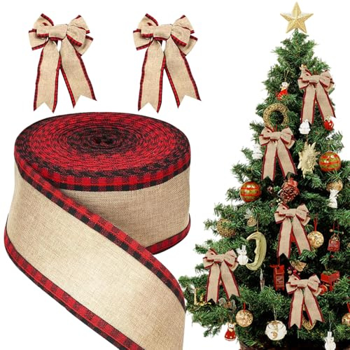 Forbabe 10M x 6,4CM Weihnachten Juteband mit Draht Geschenkband Rot Schwarz | Schleifenband zum Basteln Kariertes Sackleinen Dekoband für Geschenkverpackung Weihnachtskränz Weihnachtsbaum