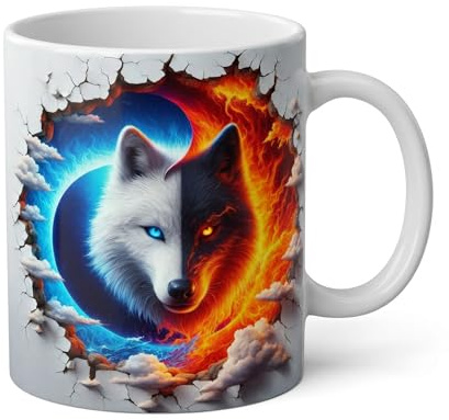 Shopi Zone - Taza de cerámica Lobo Yin Yang fuego y hielo – diseño original en 3D, taza resistente para café o té, regalo único y espiritual