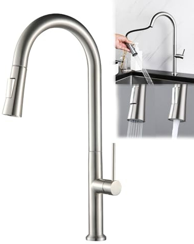 VICTOVA Grifo de Cocina Extraíble de Caño Alto, Monomando, Giro 360°, Doble Chorro, Acero Inoxidable 304, Acabado Cepillado