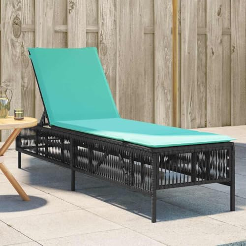 Ziaphsol Sonnenliege Schwarz aus Polyrattan, 198x55cm, verstellbar, für Garten, Terrasse, Pool, UV-beständig, mit blauem Kissen