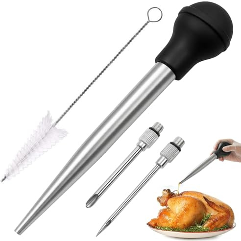 Stainless Steel Turkey Baster, 4-Piece, Marinade Injector Needle, and Cleaning Brush for Basting, Marinating, and Cooking in Kitchen, Roasting, Grilling