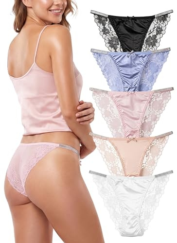 Hialegion Lot de Culottes Brésiliennes Femme - Hipster Bikini en Dentelle avec Nœud Élégant - sous-Vêtements Respirants S-XL