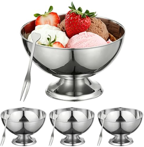 AXVRAV 4 Stück Edelstahl Eisbecher Dessertschale Eisschalen mit fuß, 300ml Dessertgläser mit Gabel für Eisbecher Desserts Obst Joghurt Fruchtpudding, für Restaurant Café Party Zuhause Hotel