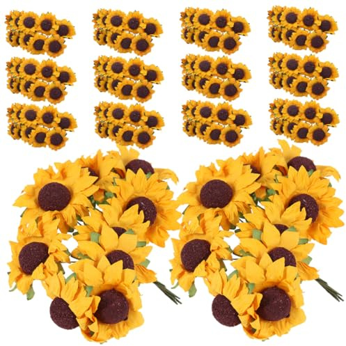 KALLORY 200 Pezzi Girasoli di Carta Artificiali Stelo Piccoli per Bouquet e Decorazioni Festa Accessori Fai da Te per Bomboniere
