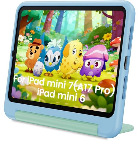 INFILAND Kids Case for iPad Mini 7 2024 (A17 Pro), iPad Mini 6 Case(8.3 Inch 2021 Model), iPad Mini 7th/6th Generation Case with Durable Soft Shockproof Stand and Handle (Sky Blue-Mint)