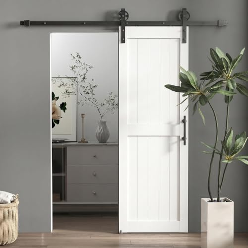 HOMCOM 72 x 213 cm Sliding Barn Door with 152 cm Door Hardware Kit White | Industrial Handle, Upgraded Rollers, Floor Guide, Waterproof Plastic Surface, Pre-Drilled Easy Assembly