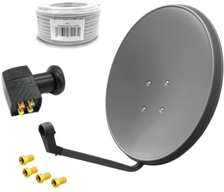 60 cm HD Sat Anlage Quad LNB + 50 m Koaxialkabel 135 dB + 4 F-Stecker Digital 4 Teilnehmer Antenne Grau UHD 4K