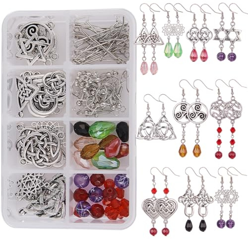 SUNNYCLUE 1 Box Zum Selbermachen von Trinity-Knoten-Ohrringen, Starter-Kit, Tibetischer Stil, Knotenglieder, Charms, Herz-Anhänger, Türkisfarbene Perlen, Zubehör Für Frauen, Erwachsene, DIY-Oh