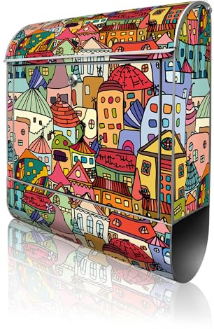 banjado Design Briefkasten personalisiert 38,5x46,5x13cm & 2 Schlüssel - Briefkasten Stahl Weiß Zeitungsfach pulverbeschichtet - Postkasten A4 Einwurf inkl. Montagematerial - Motiv Funky Town