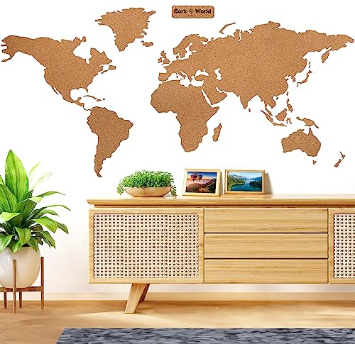 Weltkarte Umriss Kork-Pinnwand XXL 210 x 105 cm, hochwertige Wanddeko | Fotos, Reiseziele & Erinnerungen mit Pins sichtbar machen. Für Weltenbummler & Vielreisende - Kork-Fertigung Made in Germany