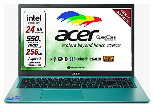 Acer Notebook Intel n6000 4 Core, Ram da 24 Gb Ddr4, SSD M.2 PCi 256 Gb, Display Full HD da 15,6, hdmi 2.0, Web cam, usb, bt, lan, wi-fi, Win11 Pro, Libre Office, Pronto all'uso Garanzia Italia