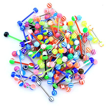 CM Crareesi Mania 50 Stück Zungenpiercing Kugeln Acryl Edelstahl 14G Zungen Piercings Flexibel Barbell mit verschiedenen Farben