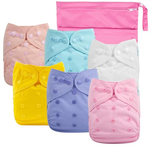 babygoal Cloth Diaper Covers 6 Pack with Wet Bag for Fitted Diapers and Prefolds with Double Gussets, Adjustable and Reusable for Baby Girls