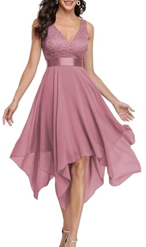 Ever-Pretty Women's Sleeveless V Neck Empire Waist A Line Lace Chiffon Midi Bridesmaid Dresses with Asymmetry Hem Orchid 16UK
