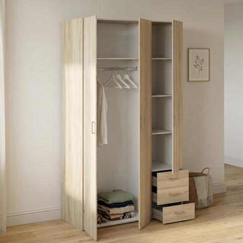 Dmora - Kleiderschrank mit 3 Türen Suzette, Schlafzimmermöbel, begehbarer Kleiderschrank, 116 x 50 x 200 cm, Eiche