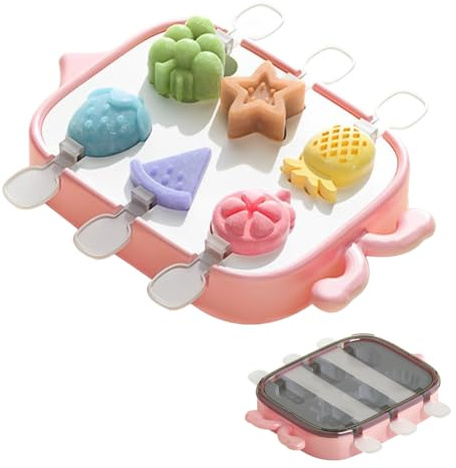 DeryArcle 6 Cavities Silicone Popsicle Mould, Fruit Ice Lolly Moulds, Ice Pop Maker with Reusable Sticks, Stackable Ice Cube Tray with Lid, for Ice Cream Lollipop (Pink Fruit)