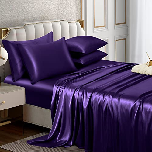 Horbaunal 6 Piece Satin Sheet Set King Size Luxury Silky & Soft Purple Satin King Bed Sheet Set with 16 Deep Pocket, 1 Fitted Sheet, 1 Flat Sheet, 4 Pillowcases