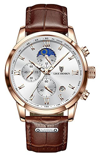 Weicam Men Casual Waterproof Roman Numerals Leather Band Analog Quartz Wristwatches with Chronograph Calender Business Watch (Brown)