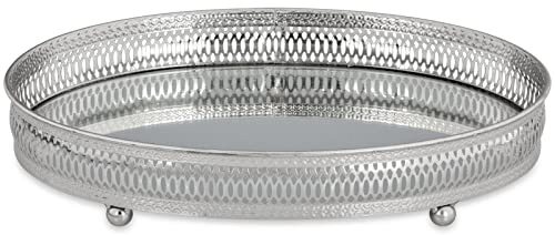 Großes Ovale Serviertablett 29 x 19 cm - Vernickeltes Spiegeltablett mit hohem Rand (4 cm) und Füßen - für Getränke und Speisen, Elegante Galerie Optik