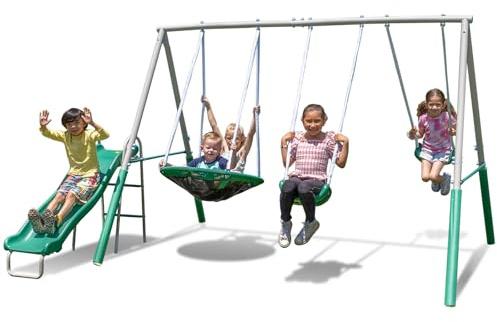 Sportspower Northridge Metal Swing Set, 500 lb Capacity, 32 Saucer, 2 Blow-Molded Swings & 5ft Slide, Durable 6ft Frame, Outdoor Backyard Playset for Kids Aged 3–8