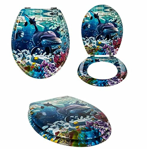 Optimal Products MDF Toilet Seat Novelty Design Stainless Steel Hinges All Printed Loo Seats Soft Close / Slow Close (Dolphin Deep Sea World Design), 47 x 37.7 cm