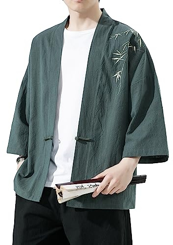 PRIJOUHE Mens Kimono Jacket Casual Lightweight Cotton Open Fromt Cardigan Coat Bathrobe for Summer Beach
