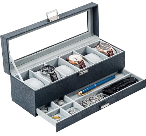 ProCase Uhrenbox mit 6 Fächern，Uhrenkasten mit Glasdeckel, 2 Ebenen, Uhrenkoffer mit herausnehmbaren Uhrenkissen, Uhrenschatulle für Schmuck, Ringe, Armbänder und Halsketten -Blau