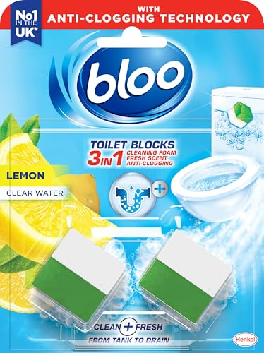 New - Bloo 3in1 Toilet Blocks, Pack of 2, Limescale Remover Cistern Block, Cleaner Block with Cleaning and Foaming Action, Fresheners – Lemon