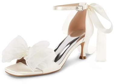 Coutgo Womens Bow Kitten Heels Sandals Square Open Toe Ankle Strap Satin Ribbon Wedding Dress Shoes