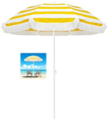 Parasol De Plage 180cm Avec Frangé Parasol De Jardin Anti Uv Et Vent Parasol De Jardin Extérieur Imperméable Parasol Inclinable Hauteur Réglable Parasol Balcon Avec 8 Baleines Pour Plage Balcon Patio