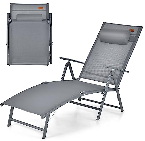 COSTWAY Folding Sun Lounger, 7-Position Adjustable Garden Chaise Lounge Chair Deck Sunbed with Headrest, Portable Outdoor Reclining Chair for Patio Poolside Beach Camping, 150KG Load Capacity (Grey)