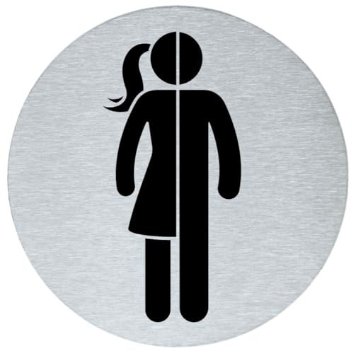 Stahl-Design Tebart WC Piktogramm rund 7,5 cm aus Edelstahl – graviertes Hinweisschild Unisex Mann/Frau – selbstklebend mit 3M Klebefläche – elegante Edeloptik & langlebige Türbeschilderung